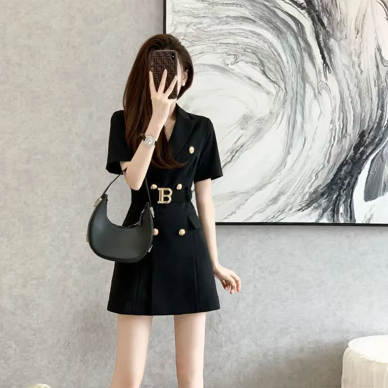 Spring Summer Short-Sleeve Slim Suit Dress Minimalist Professional Women's Mini Suit Dress Double-Breasted Belt Vestidos Black