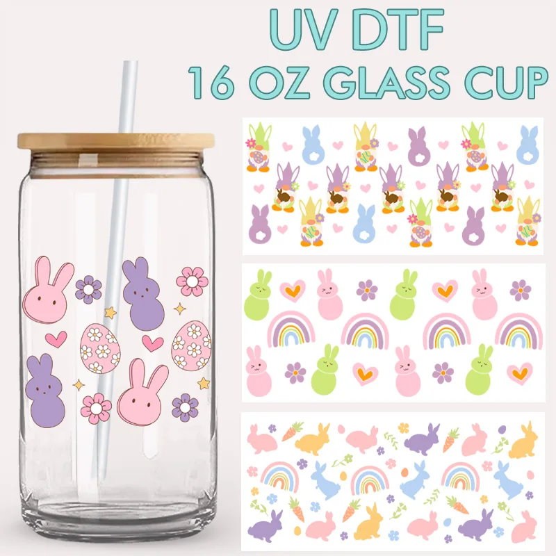 Easter Bunny UV DTF Transfer Stickers, Cute Rabbit Decals for Cup Mug Phone Case, DIY Waterproof Crystal Label Sticker for Glass