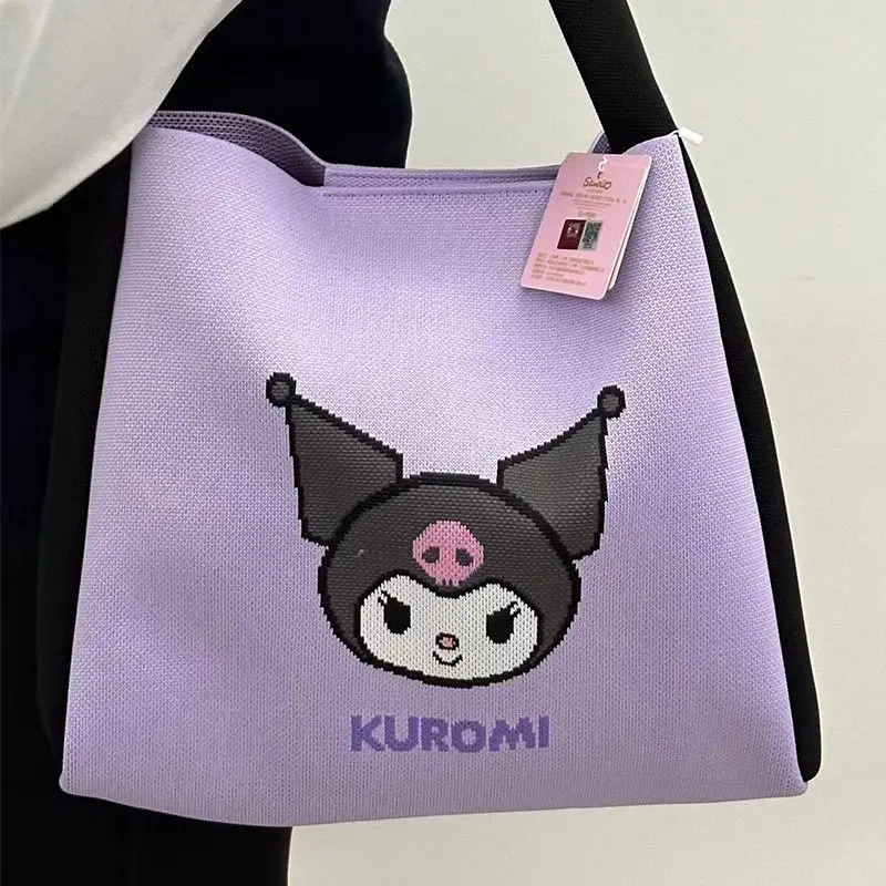 Hello Kitty Handbag Kuromi Cinnamoroll Knitted Dopamine Shoulder Bag Cartoon Large Capacity Girl Commuting Class Handbag