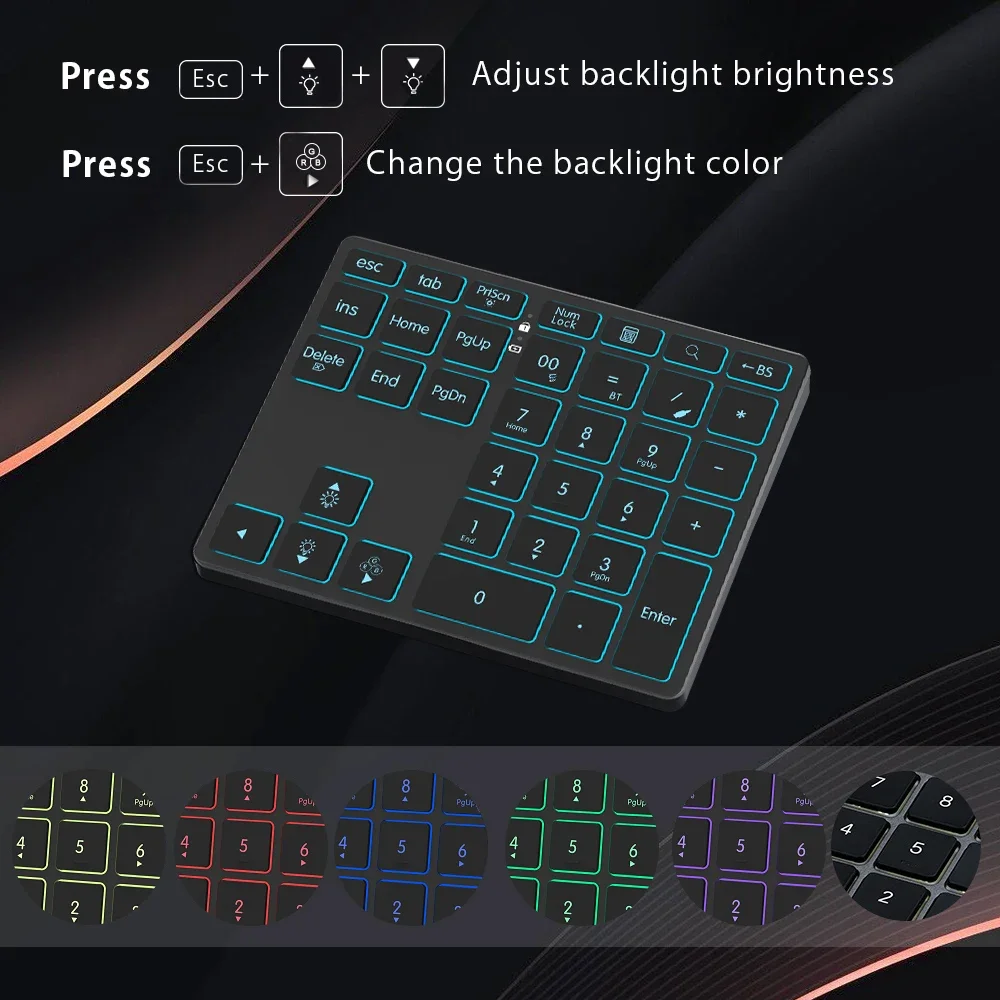 Teclado Numérico Sem Fios, Teclado Externo, Bluetooth, Recarregável, RGB, Entrada de Dados, 34-Teclas