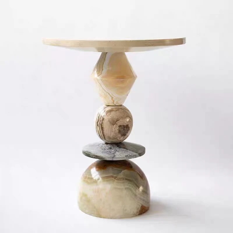Marble Round Art Side Table American Country Retro Creative Jade Stone Balcony Small Coffee Table Hole Stone Corner Table