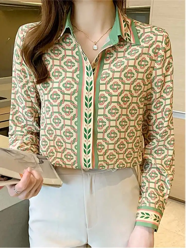 #3103 France Style Vintage Print Office Shirts Long Sleeve Loose Satin Shirt Women Turn-down Collar Office Elegant Retro Blouse