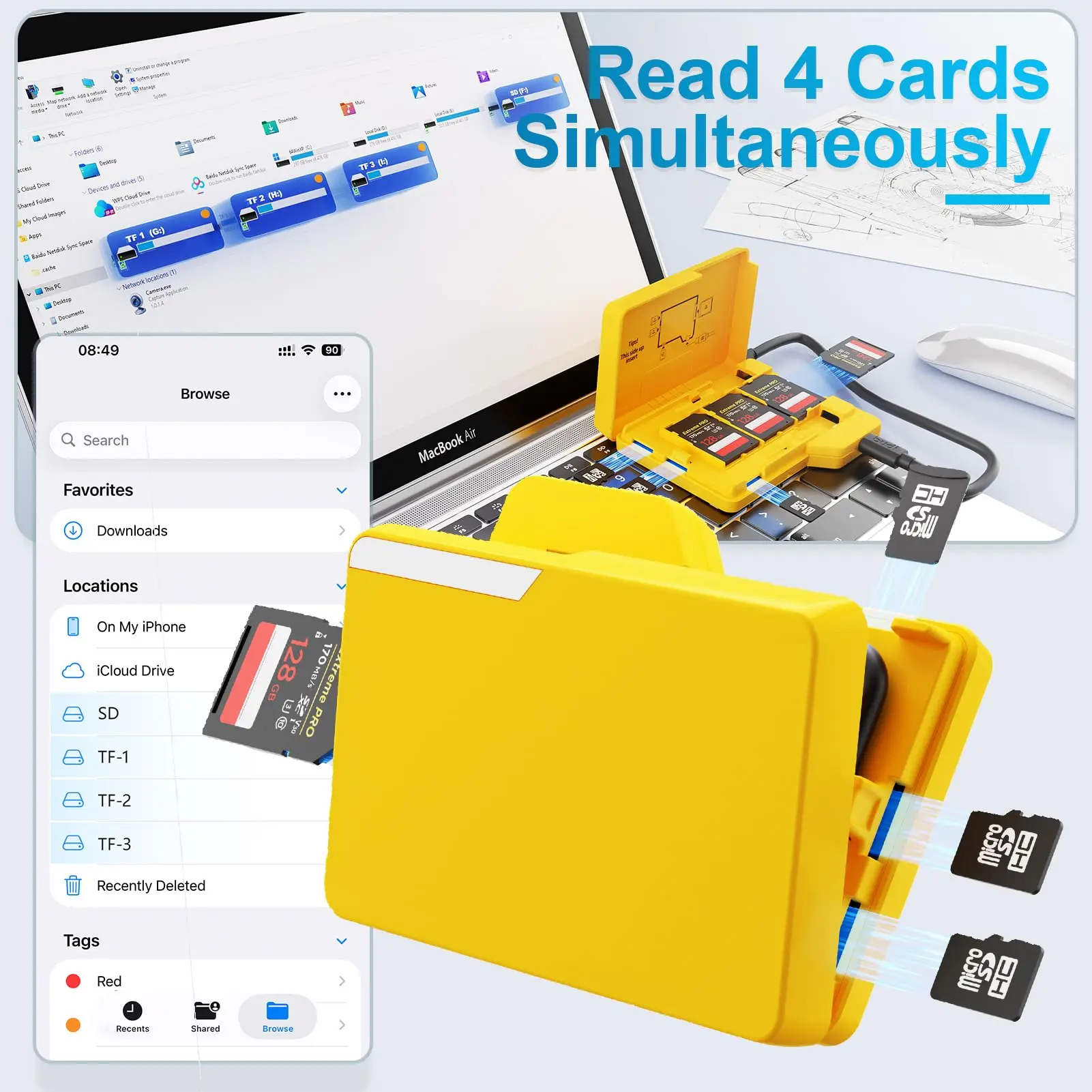 BUDI SD Memory Card Reader 4 Cards Simultaneously Read and Write with 15 Slots Folder-Styled Storage Case Type-C Compatible