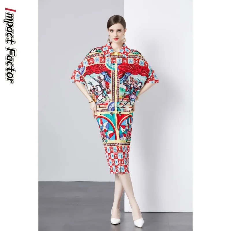 

Miyake Pleated Hot Selling 2024 Spring/Summer Women's Mid Length Bat Sleeve Printed Loose Foreign Trade Dress