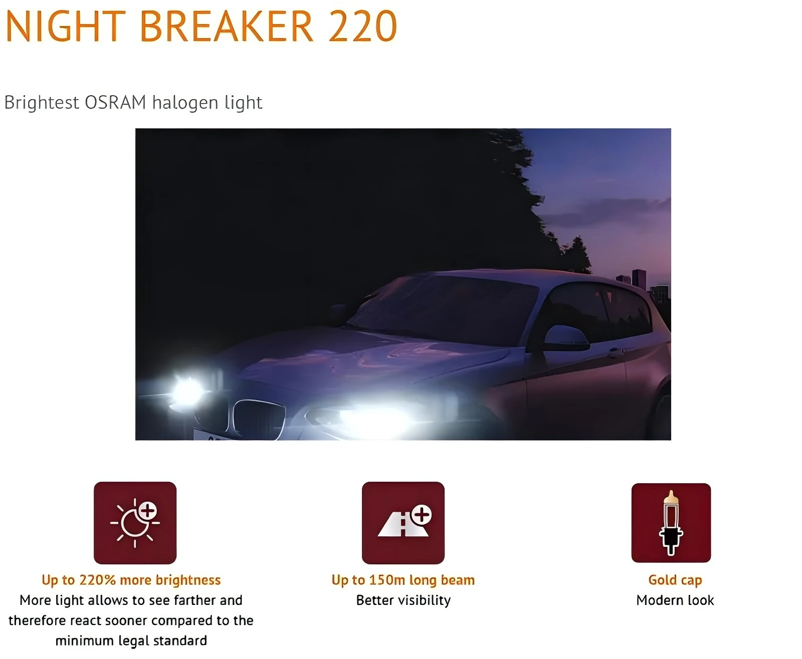 OSRAM Night Breaker 220 Autolampen H4 H7 Halogen-Scheinwerfer +220% Leistungsstärke +150m Reichweite Original-Licht 12V Deutschland, 2 Stück – Detail 1