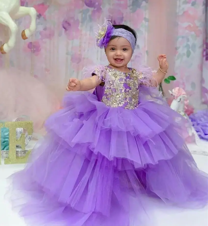 

New Purple Flower Girls Dresses O Neck Cap Sleeve Lace Ball Gown Birthday Party Sweet Girls Special Pageant Gowns