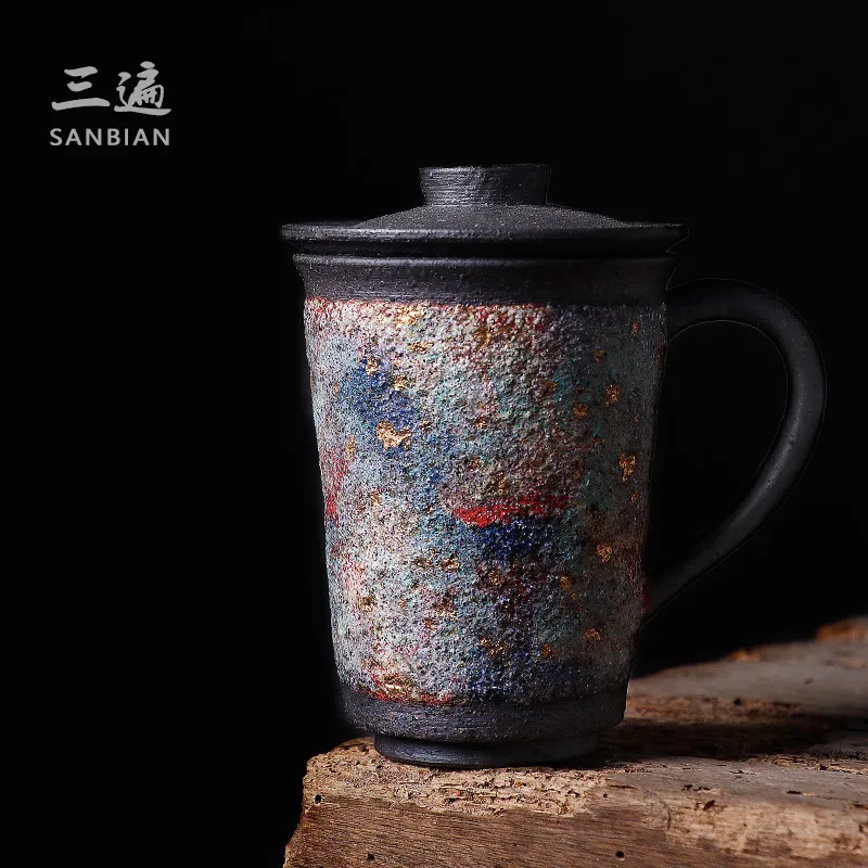 Three Layers Of Rock And Mineral, Colorful Mug, High Yue Pure Handmade Wood Fired Office Cup With Lid, Filtered Water Cup,