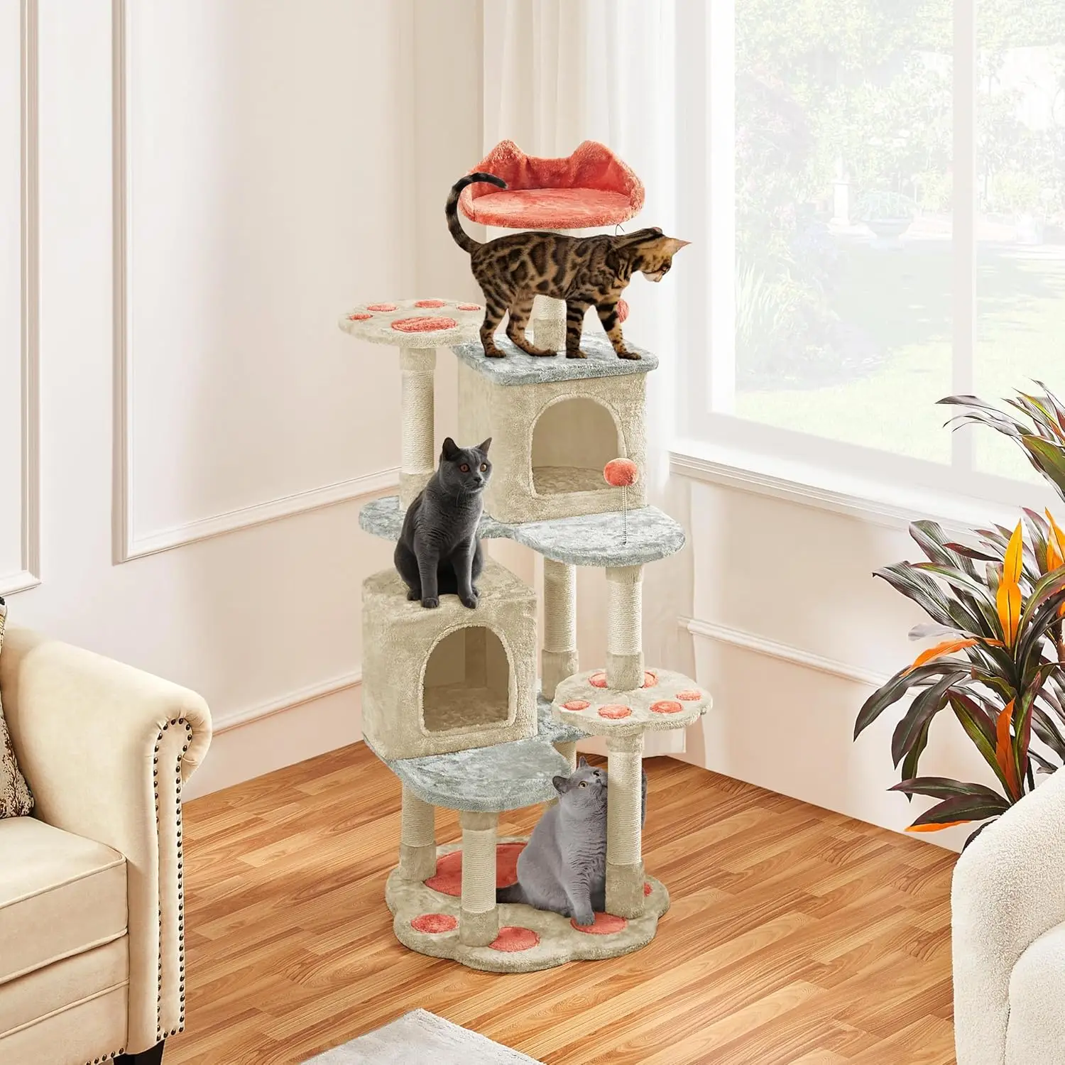 Yaheetech Cat Tree, 57.5In Cat Tower For Indoor Cats, Paw-Shaped Cat Tree With Heart-Shaped Platform, Scratching Posts, Spring