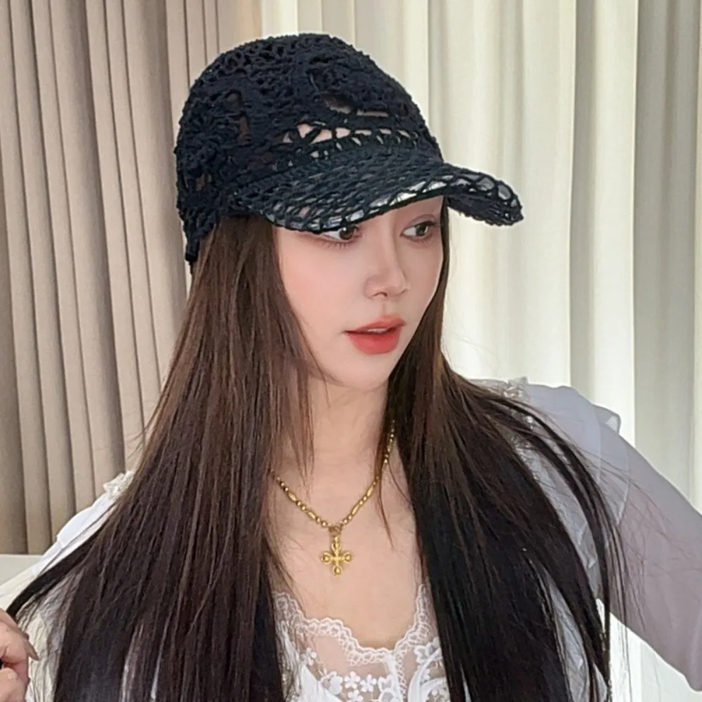 Fashion Adjustable Crochet Baseball Cap Polyester Floral Lace Sun Hat Openwork Lightweight Mesh Peaked Cap Daily Wear