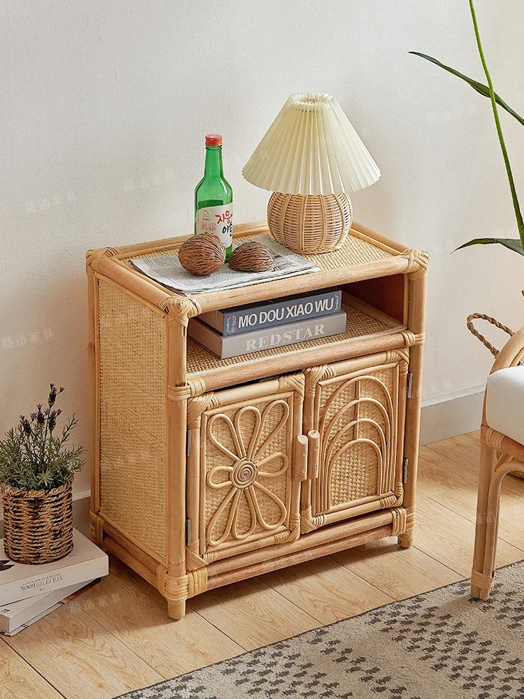 eal rattan woven living room sideboard, vintage storage bookshelf storage Korean light luxury literary style