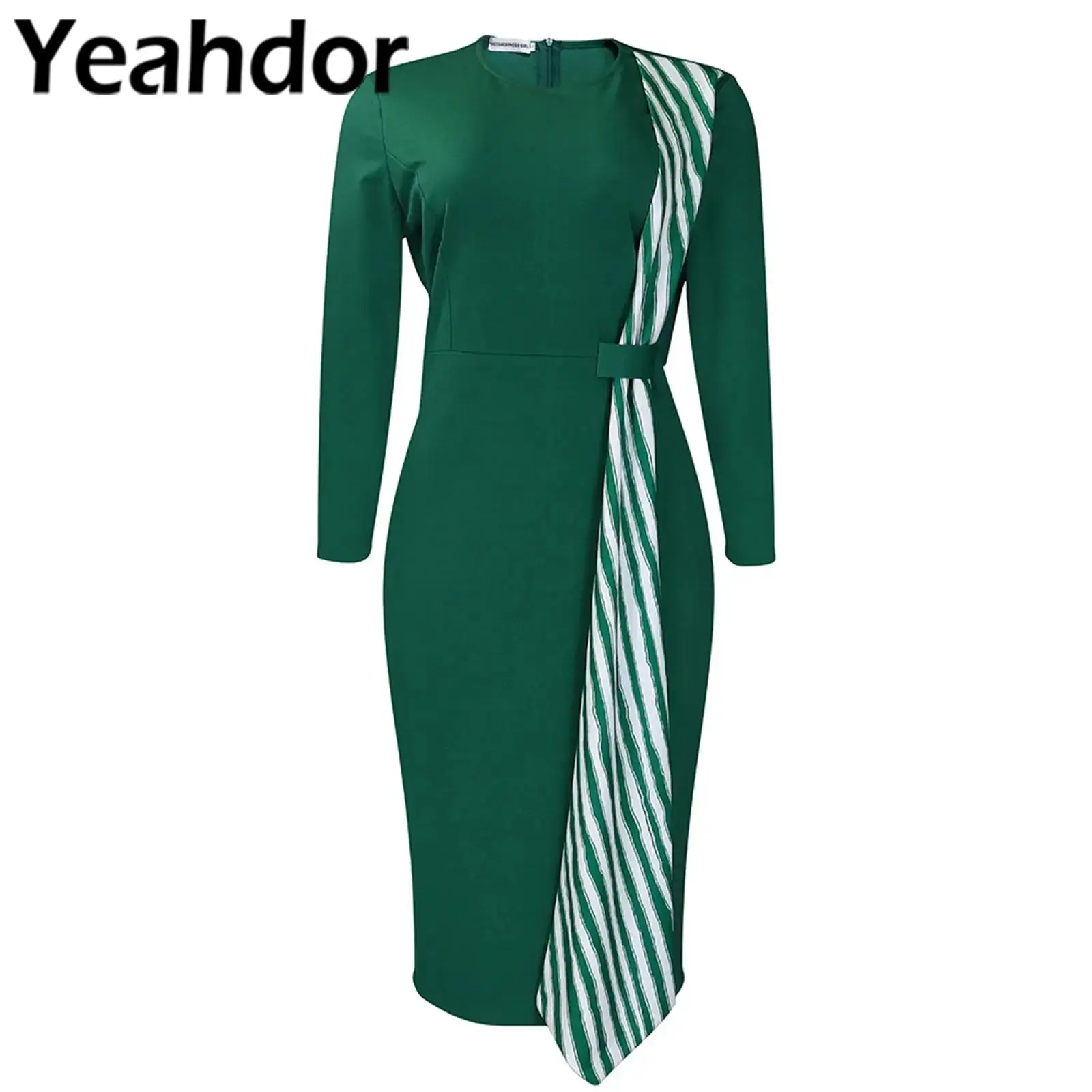 

Evening Dress Womens Striped Overlay Pencil Dress Vestido De Fiesta Long Sleeve High Waist Back Split Elegant Bodycon Dress