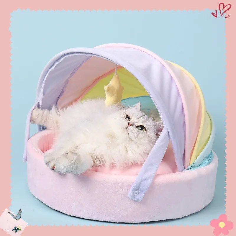 

Кровать для кошачьего домика, милая кровать, радужная палатка, спальный коврик для собак, зимний теплый глубокий сон, т-гнездо, удобный дышащий кошачий домик