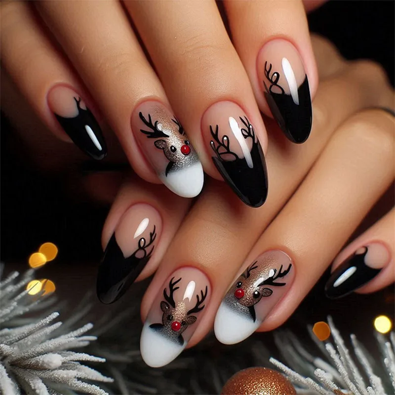 24 uñas largas con prensa de almendras, diseño de fiesta de Navidad con borde negro, astas de reno y reno con borde blanco