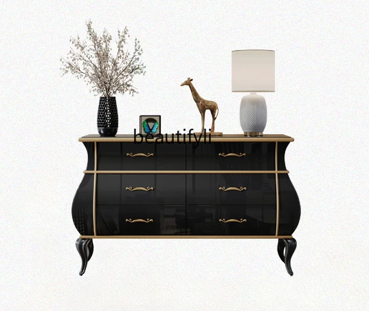 

American light luxury chest, living room solid wood storage, entrance cabinet European bedroom gold-painted storage side cabinet