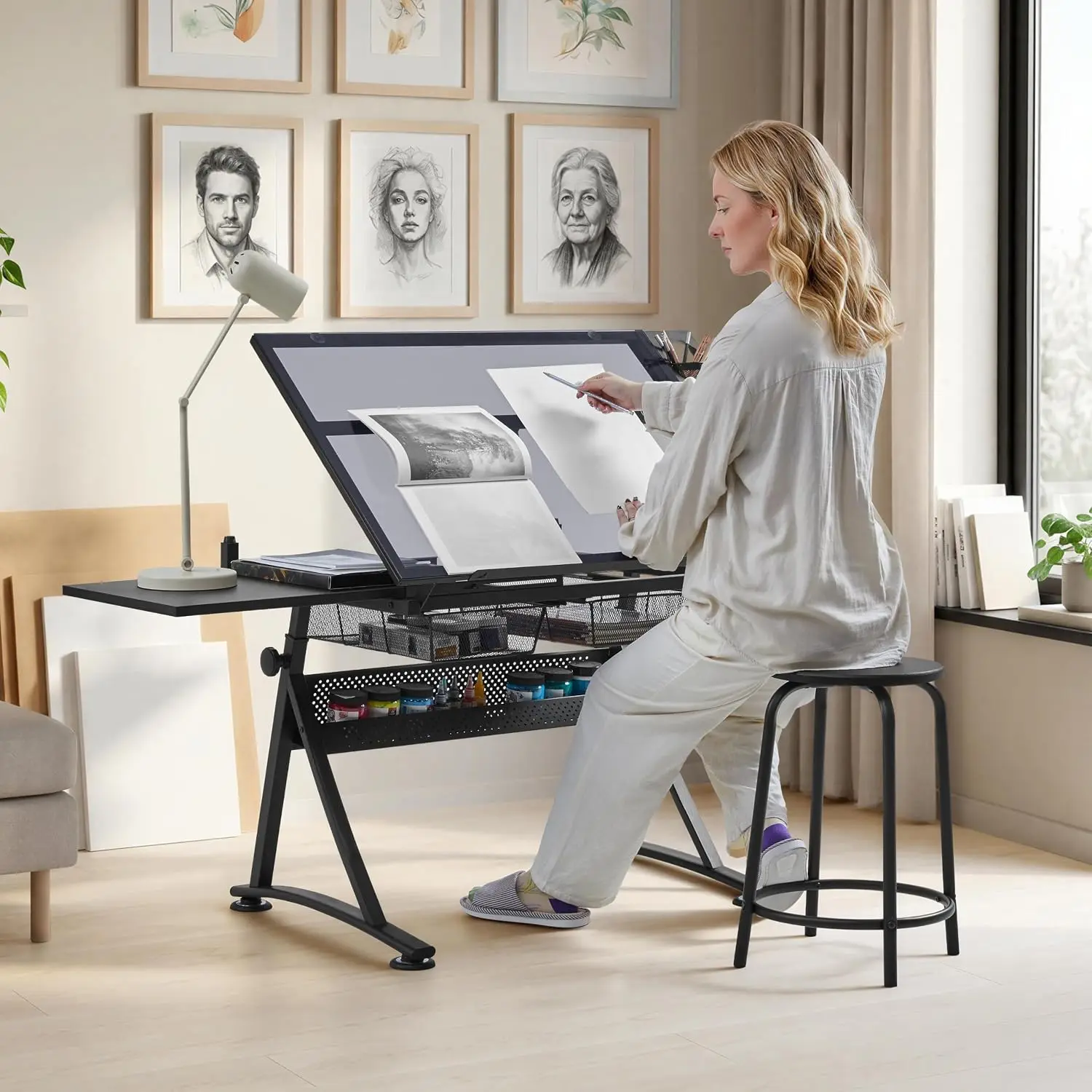 Adjustable Drafting Table & Stool, Tilting Glass Art Desk, Black, Customized