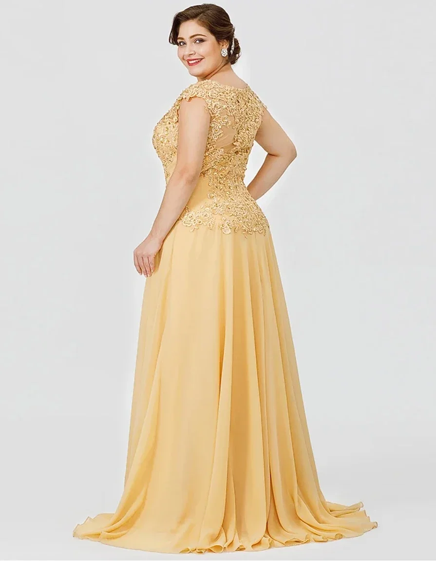 Customized Mother of the Bride Dress Wedding Guest Elegant Plus Size Illusion Neck Sweep Chiffon Beaded Lace Formal Dresses 2024