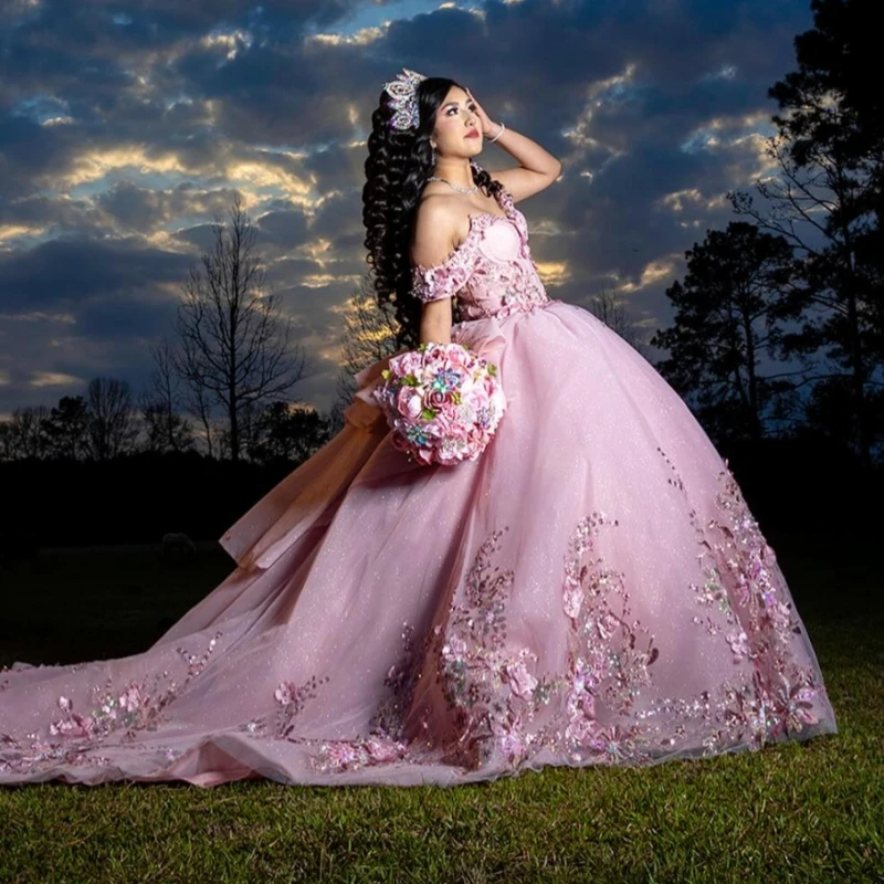 

Pink Shiny Quinceanera Dresses Off The Shoulder Sequin Applique Flower Beading Crystal Bow Tull Corset Party Birthday Sweet 16