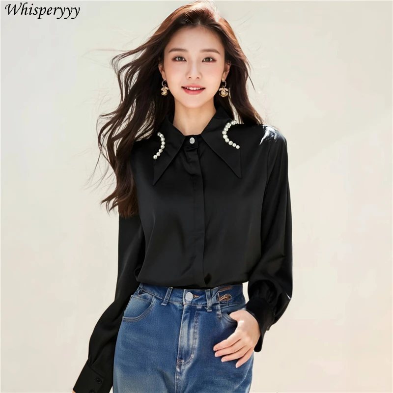 Fashion Pearl Collar Design Sense Shirt Woman Solid Color Long Sleeve Tops Casual Camisa Feminina Turn-down Collar Blouse