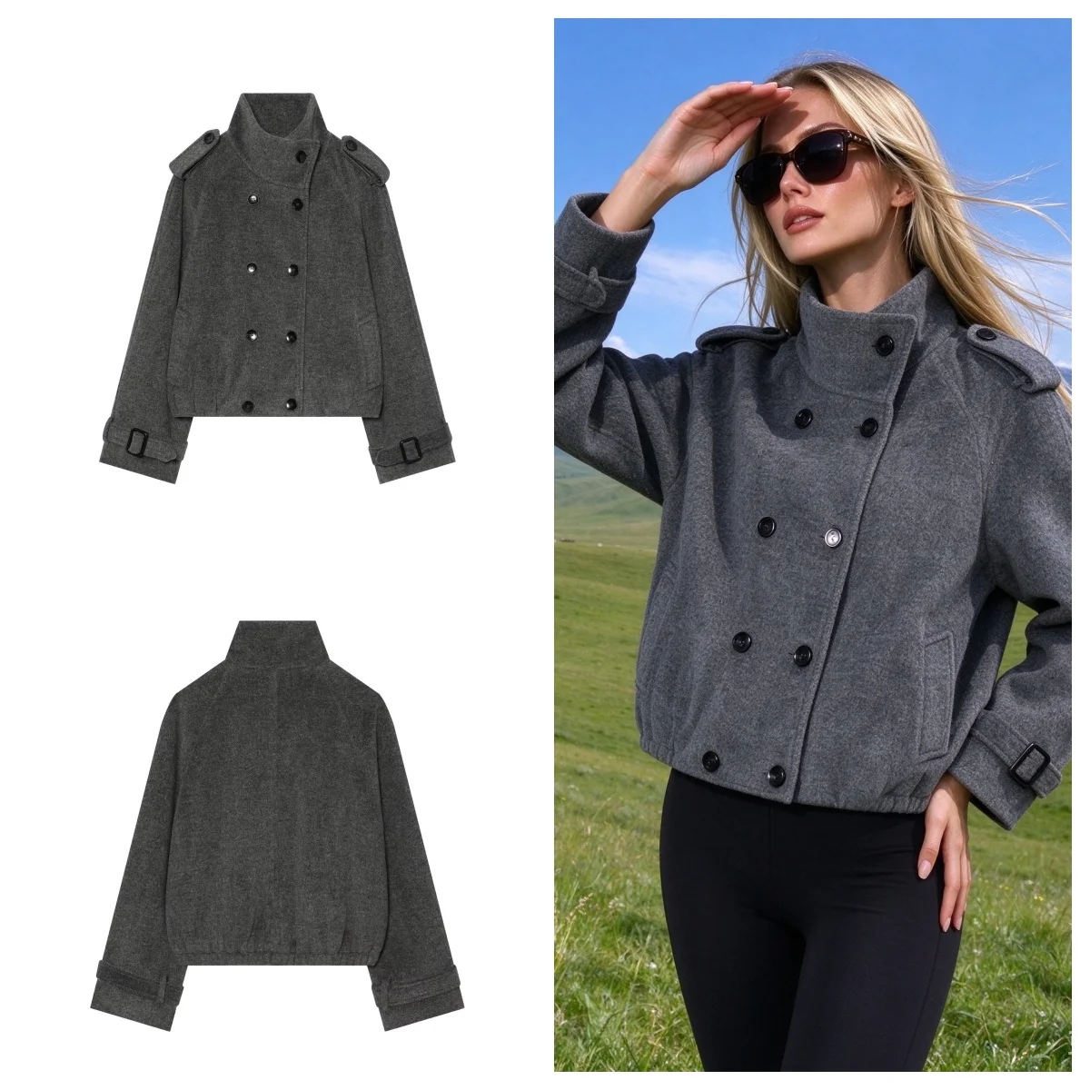 Guobioziy 2026 Fall Vintage Military Pea Coat Women Grey Double Button Cropped Jacket Slim Fit For Casual Street Fashion