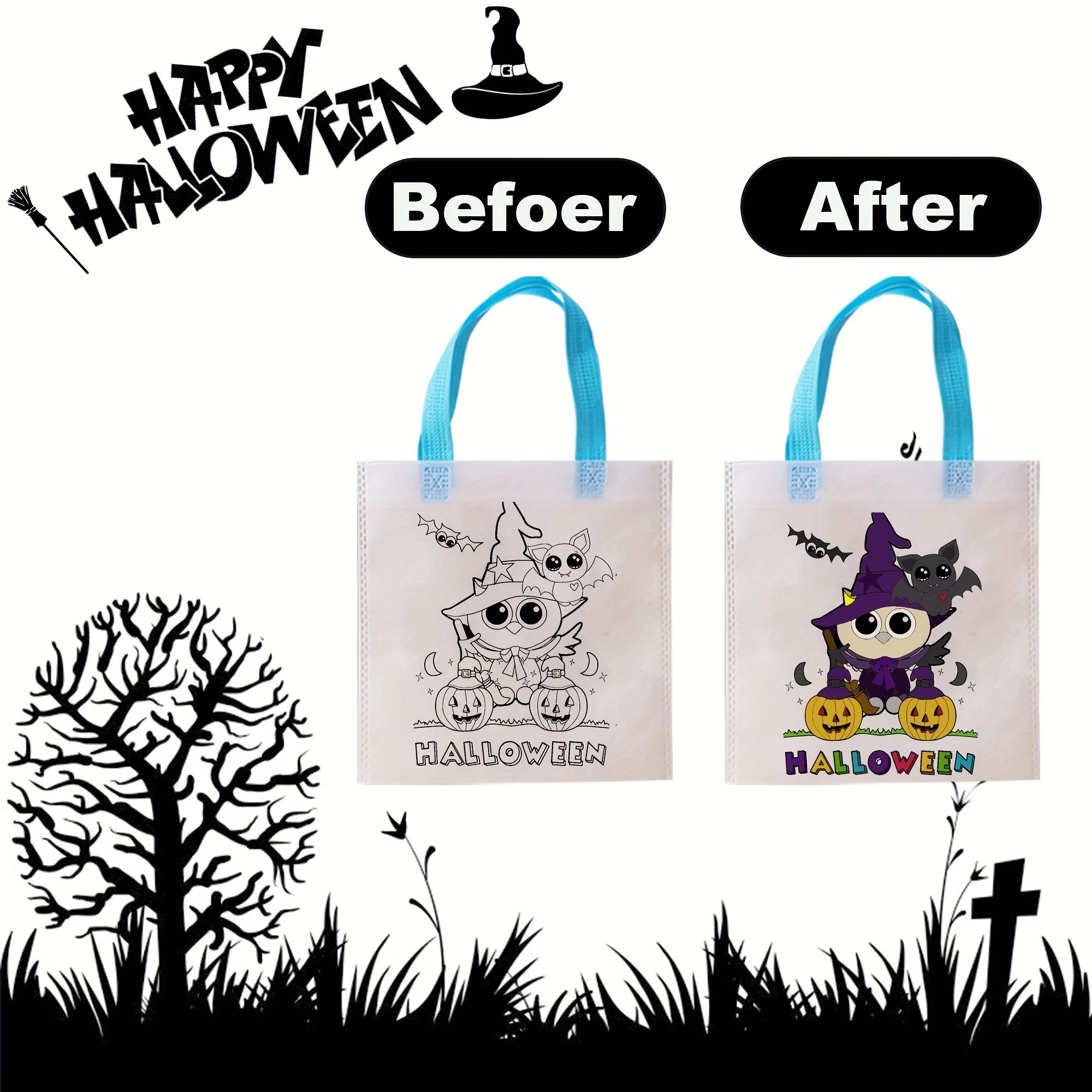 36pcs/24pcs/12pcs Halloween Goodie Bags, White Gift Bags Featuring 6 Unique Doodle Designs,Party Gifts, For Halloween,Classrooms