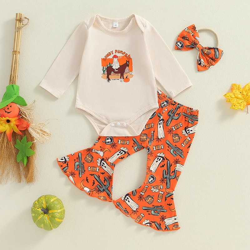 2024-05-24 Lioraitiin 0-18M 3Pcs Baby Girl Halloween Outfits Long Sleeve Romper + Bell Bottoms + Headband Set Western Clothes