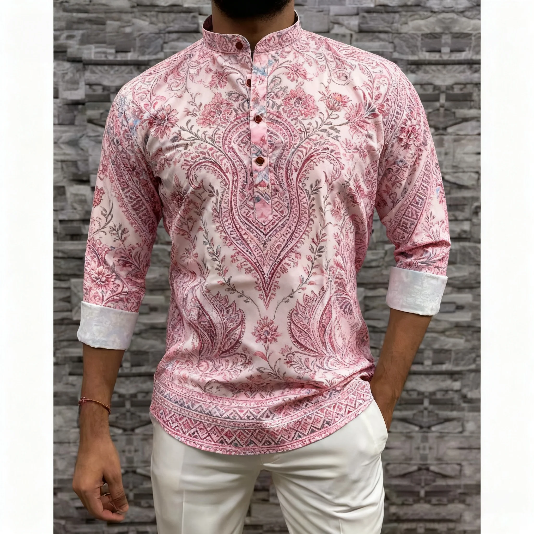 الرجال المسلمات الإسلامية العربية عباية طويلة الأكمام قميص العرقية طباعة الوقوف طوق الشباب 2026 معطف فاخر ملابس عصرية غير رسمية