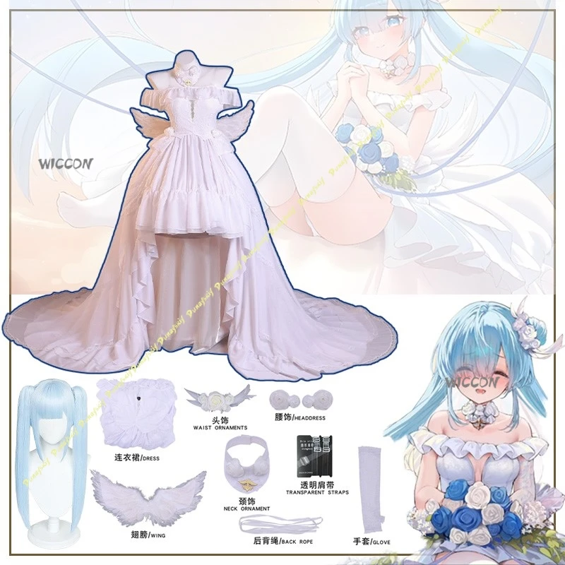 Disfraces de Cosplay de Anime Azur Lane Janus, vestido, peluca, Boda de Princesa, guantes con alas rosas y blancas, accesorios para Navidad y Halloween