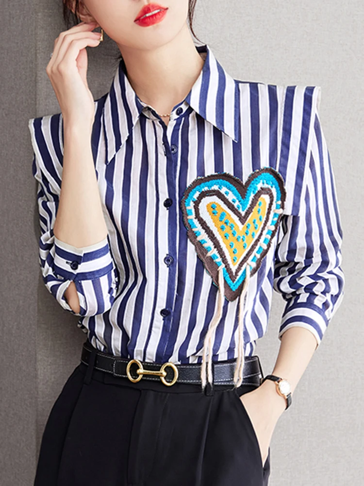 Women Clothing 2024 Niche Design Striped Shirt Elegant Chic Long Sleeve Blouse Spring Autumn Fashion Casual Tops