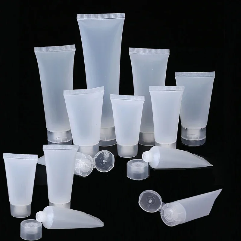 100Pcs Empty Clear Plastic Frosted Cosmetic Soft Tubes Bottles With Flip Lids Shampoo Facial Cleaner Makeup Sample Containers
