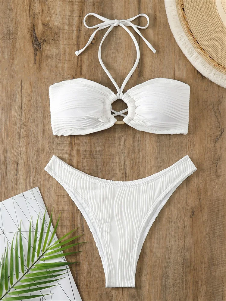 Bikini con aros blancos para mujer, bañador Sexy con Push-Up, Micro traje de baño brasileño de banda, traje de baño de vendaje con Tanga 2024