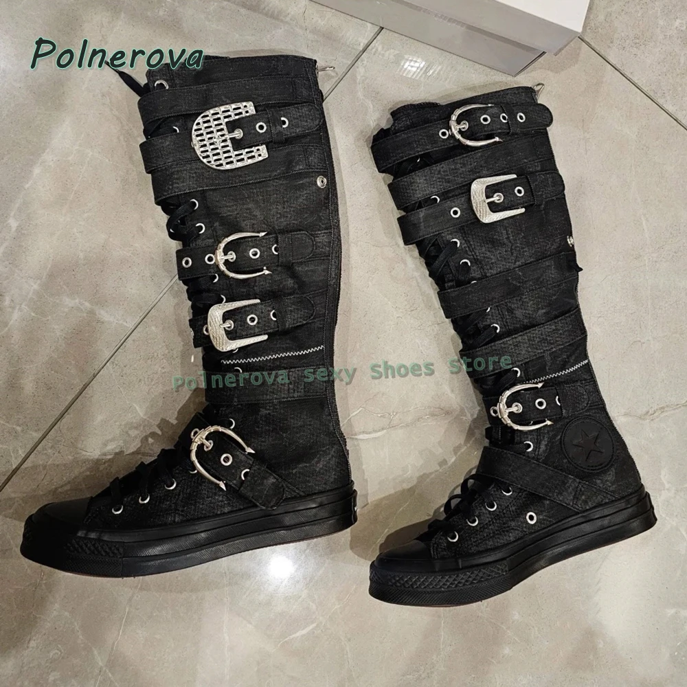 Belt Buckle Cross Tied Long Boots Round Toe Thick Sole Zipper Closure Patchwork Women Knee High Boots Punk Style 2026 Spring New