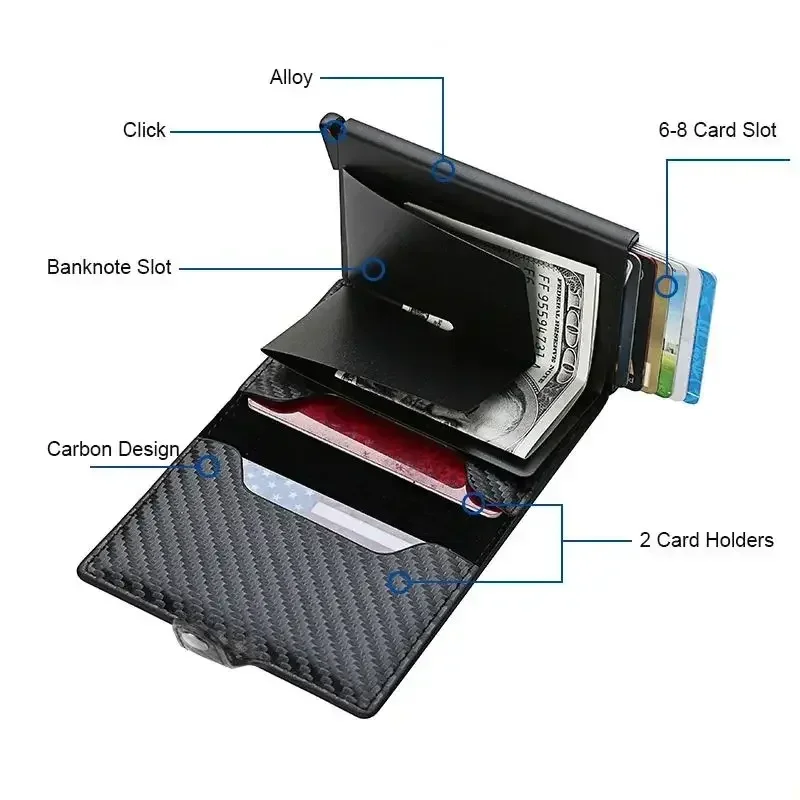 RFID Carbon Fiber Wallet for Men - Slim Minimalist Credit Card Holder, Metal Smart Pop-Up Wallet, Thin RFID Blocking Small Black Purse image 3