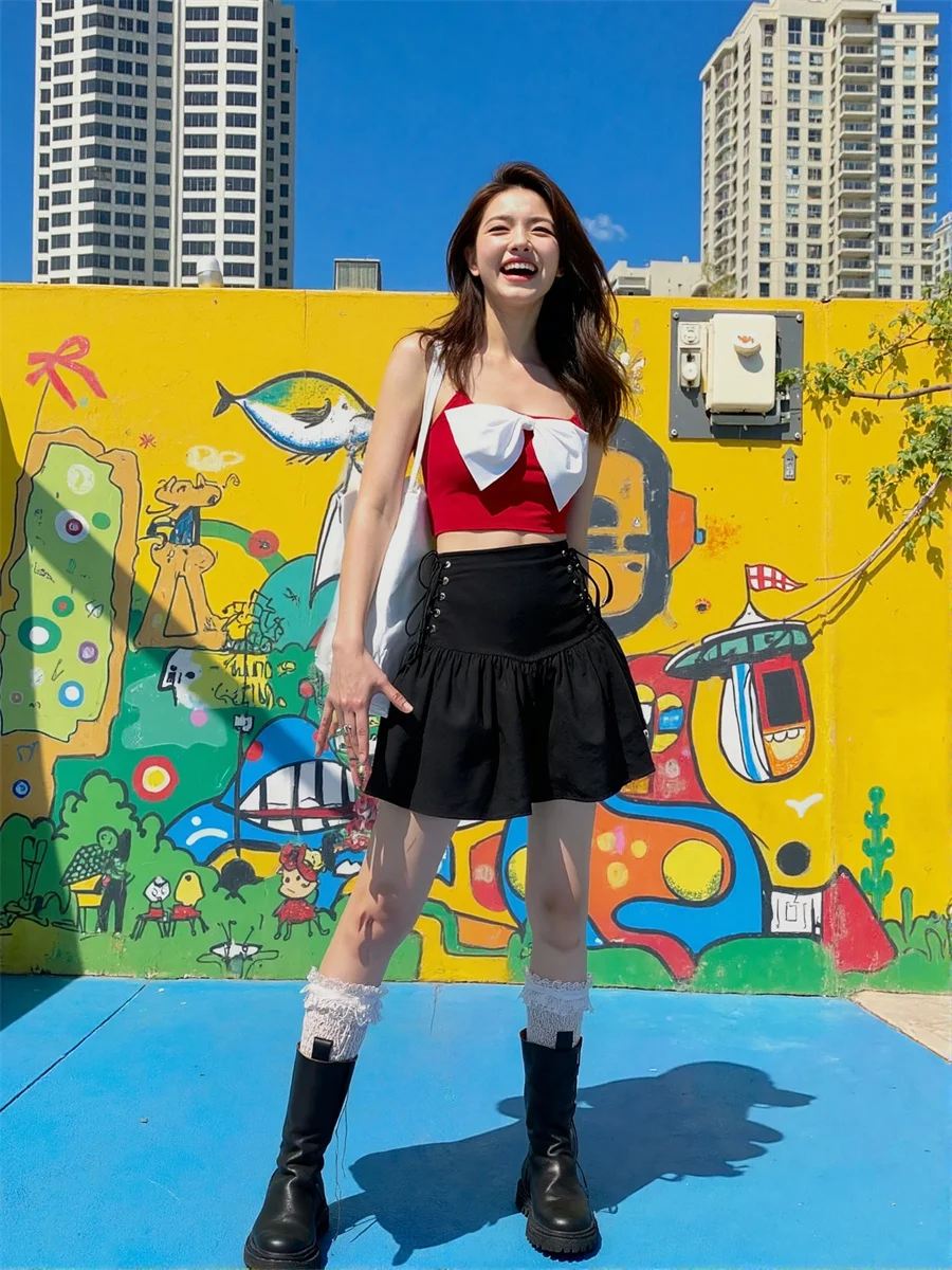 

Black Bandage Mini Skirts Womens Cake Pleat Layered Ruffle Patchwork Trendy College Artistic Modern Elegant Sweet Feminina