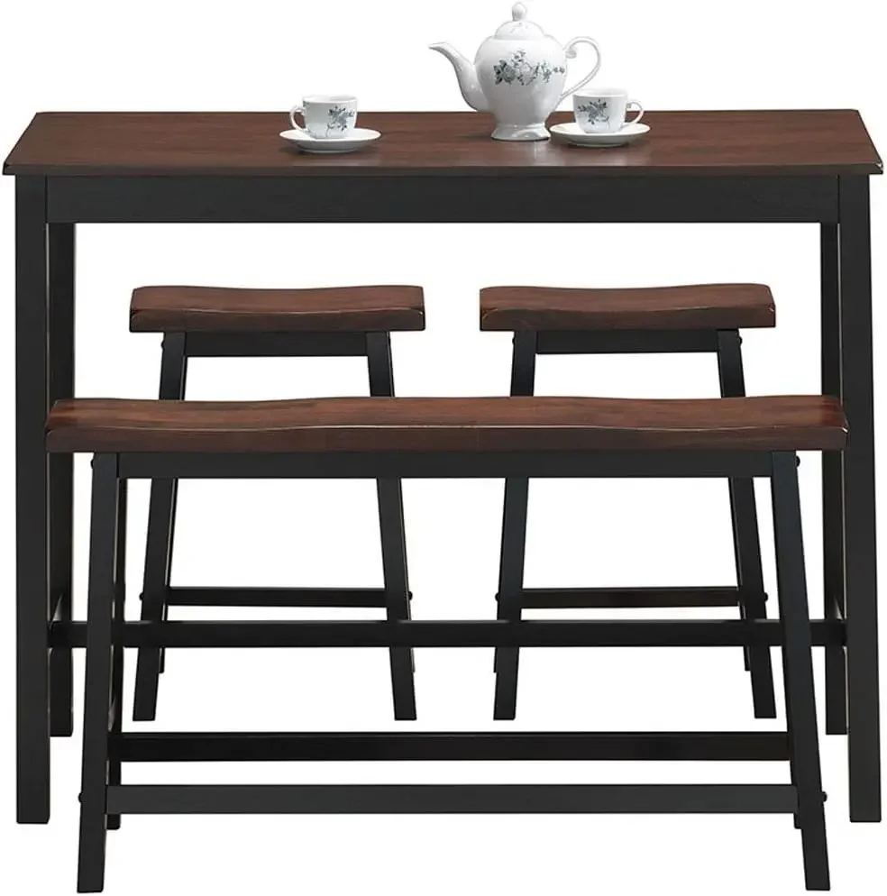 4-Piece Solid Wood Dining Table Set, Counter Height Dining Furniture with One Bench and Two Saddle Stools, Industrial Style