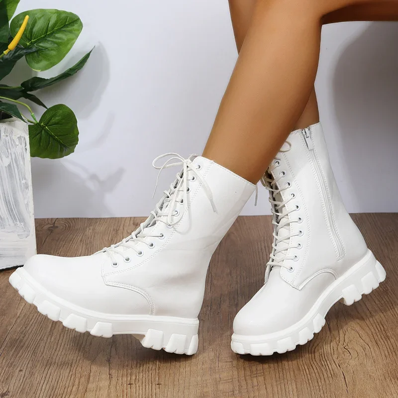 Women\'s Shoes Mid Calf Boots Gothic Punk Casual White Platform Woman Medium Heel Spring Summer 2024 Elegant with Free Shipping