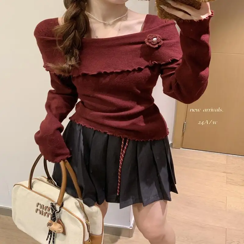 

New Year Red Christmas Knitted Sweater Off Shoulder Long Sleeve Women Autumn Winter Slim Fit Tops Cute Kawaii Fashion Trendy