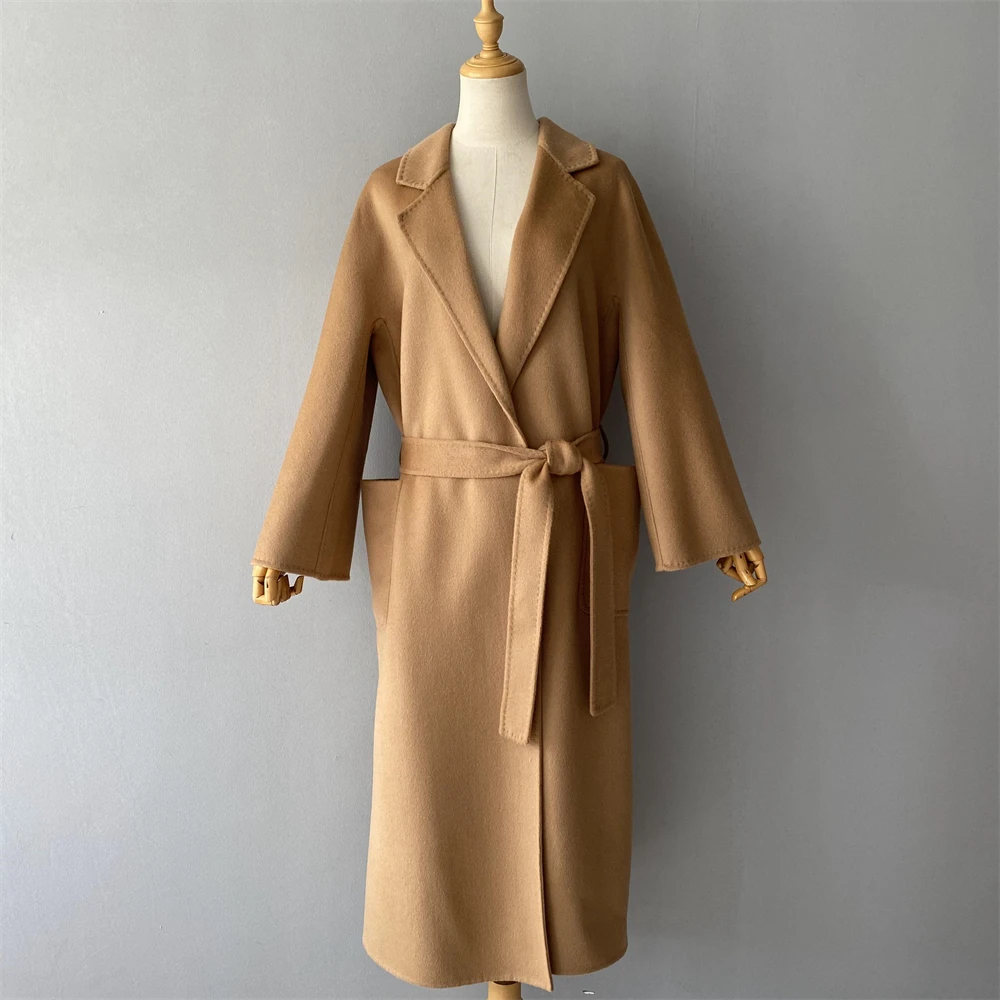 Jaxmony Women's Wool Trench Coats High Quality Double Face Cashmere Wool Blend Lace-up Bathrobe Style Long Coat Winter Overcoat