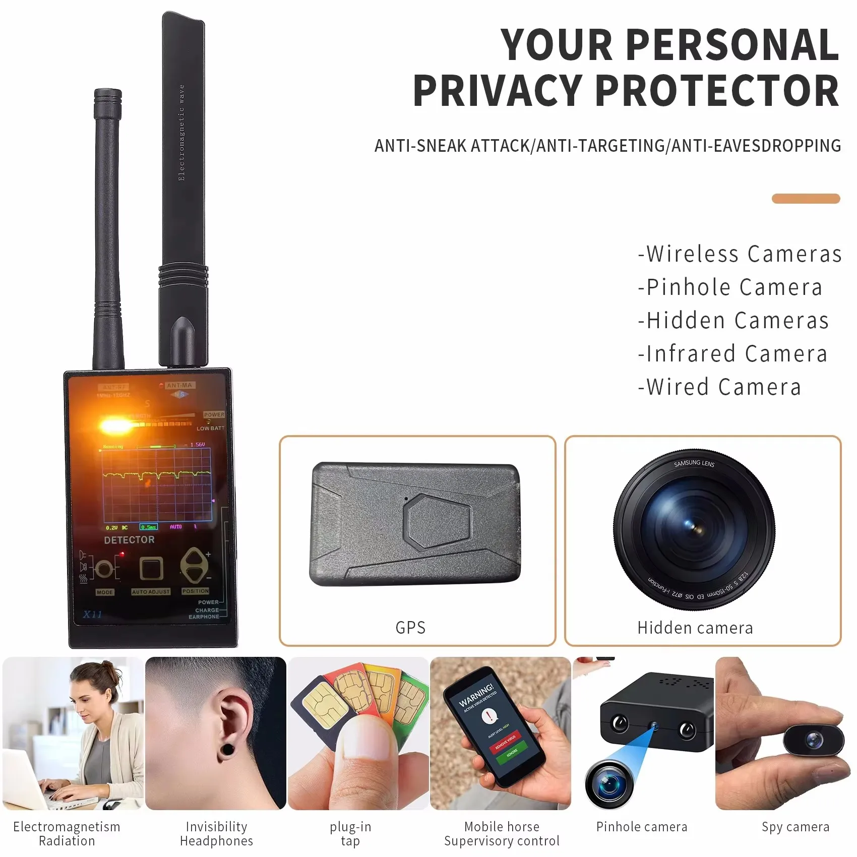 كاشف الأخطاء متعدد الوظائف، حساسية عالية للكاميرا اللاسلكية وكشف الإشارة ونظام تحديد المواقع العالمي (GPS) وأدوات مضادة للتجسس