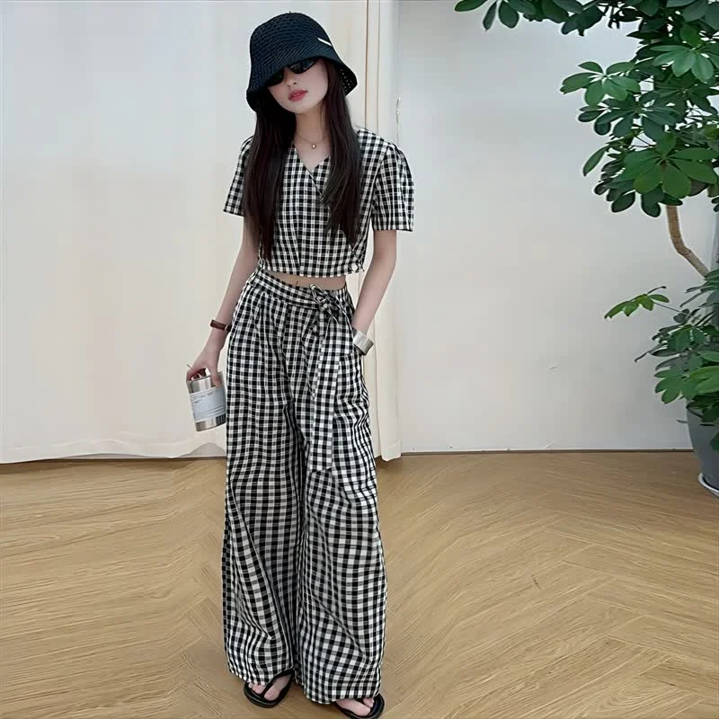 

Летний комплект в клетку для девочек в стиле ретро, жилет, топы, широкие брюки, 2 предмета, детская одежда для подростков, костюм, тонкая повседневная школьная детская одежда, От 6 до 14 лет