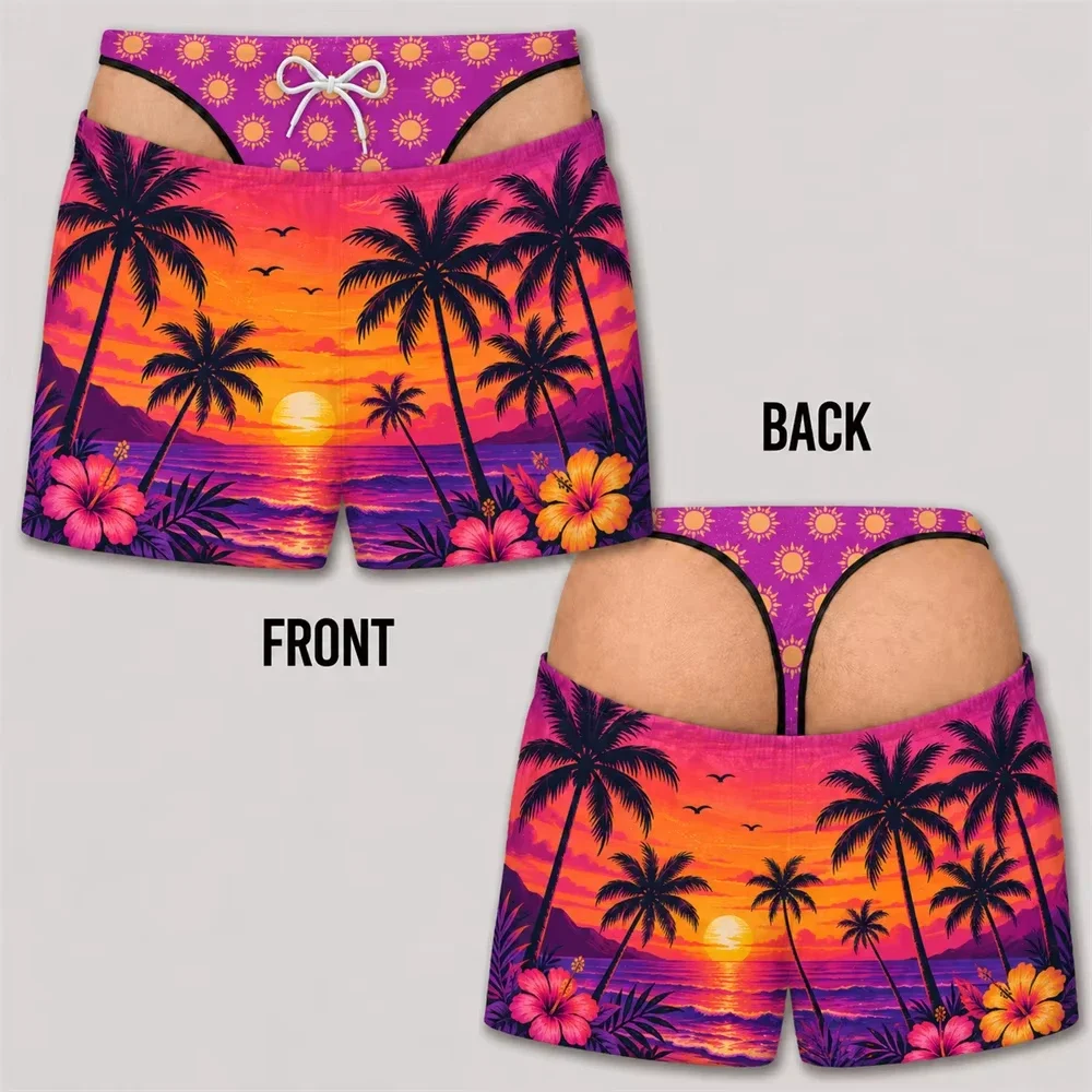 Herren-Badehose mit ausgefallenem Schnitt, 3D-Druck, tropischer Sonnenuntergang, Ozean-Tiermuster, elastischer Kordelzug, Sommer-Strandparty-Shorts – Detail 11