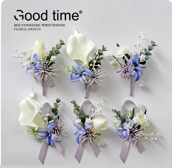 

Pink purple blue corsage wrist flower rose calla lily tulip artificial flower wedding photography chest dress decoration