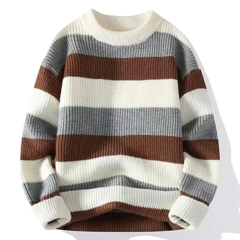 

Crewneck sweater men's new autumn and winter fashion brand striped bottom shirt loose handsome boys knit sweater men