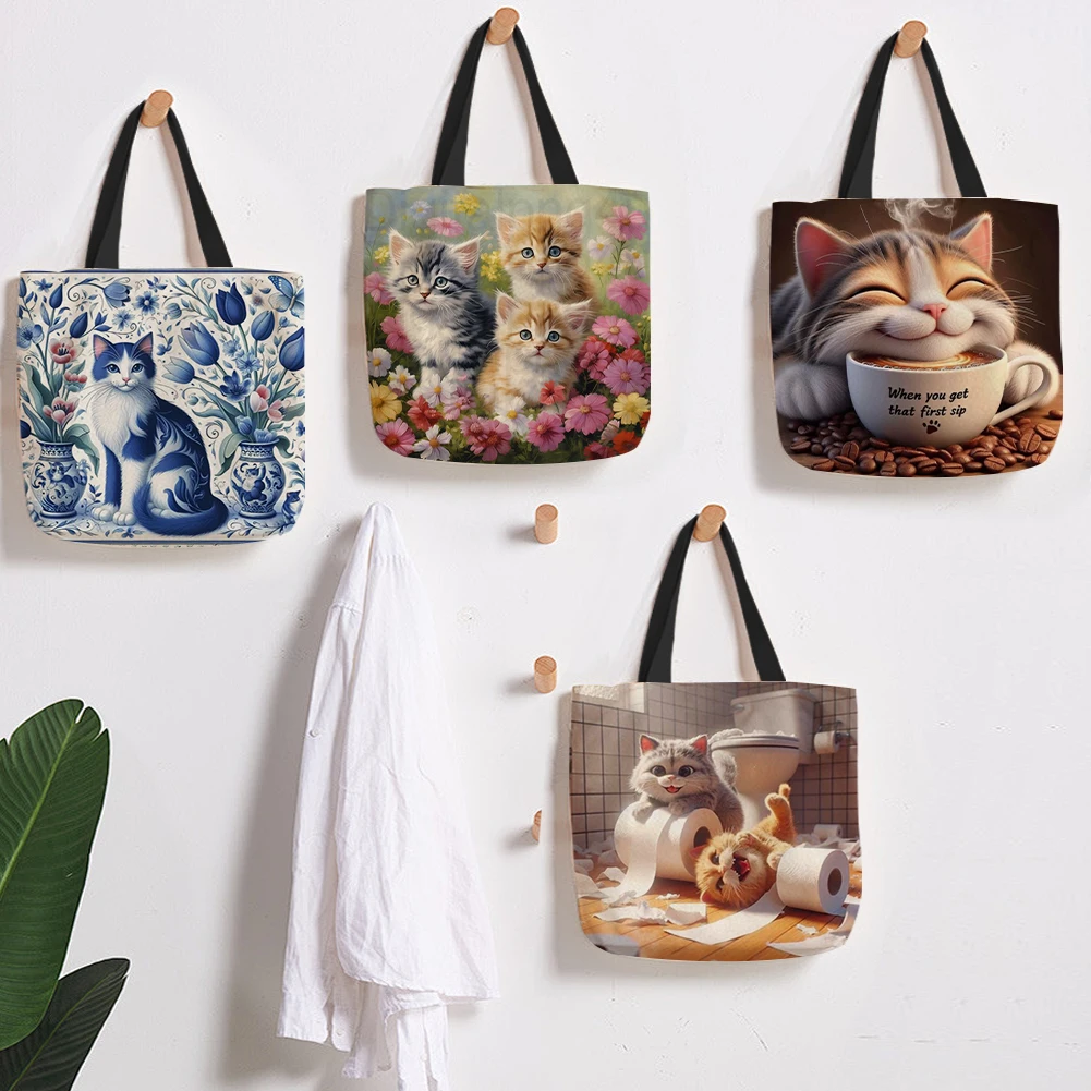

4PCS Cat Linen Tote Bag Handbag Large Capacity Women Shopping Shoulder Bags Linen Tote Bag
