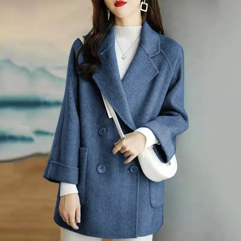 

New Korean version of spring and autumn loose wind coat women's woolen suit collar medium and long small woolen coat women