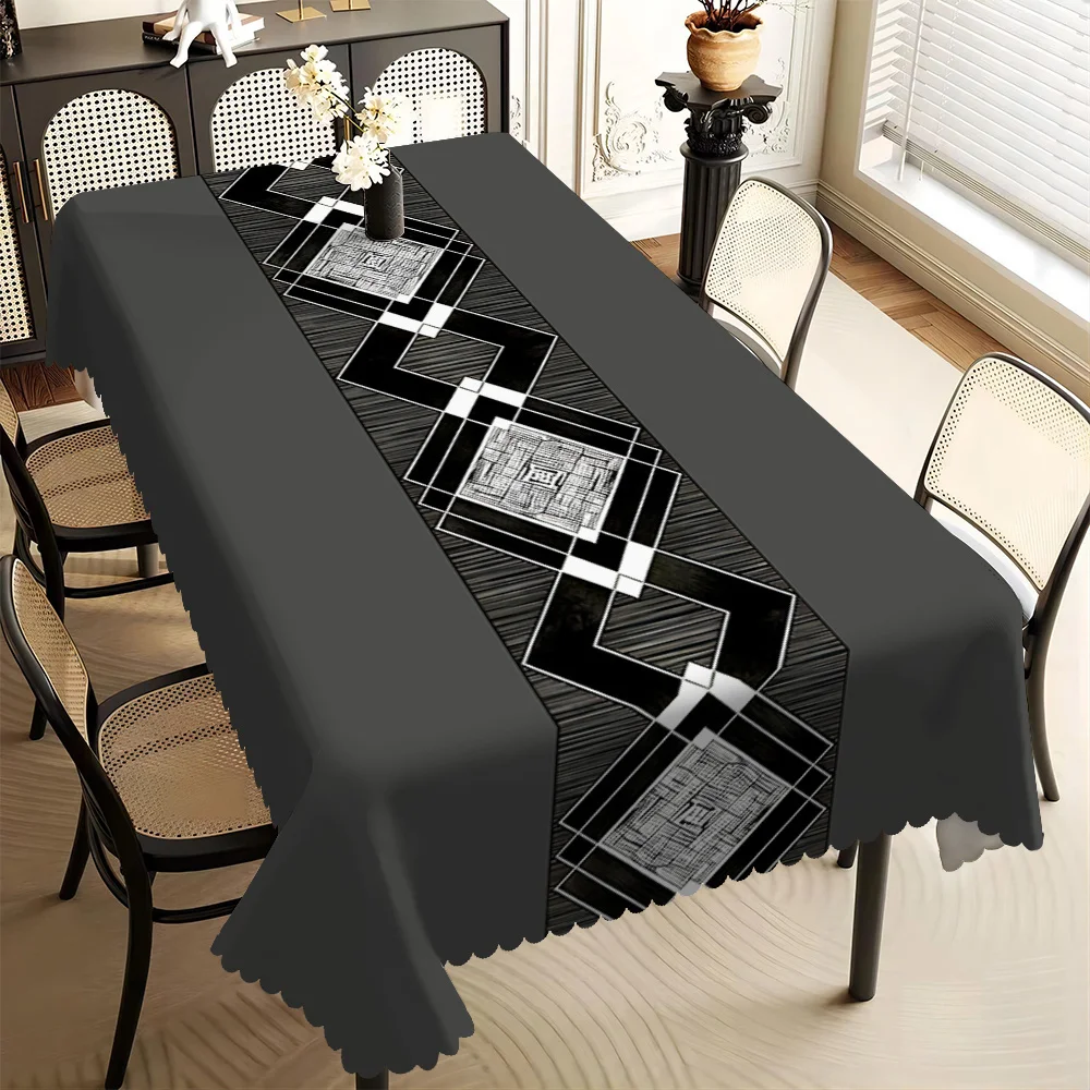 One geometric pattern printed tablecloth, made of polyester, with a gray background and black and white geometric patterns.