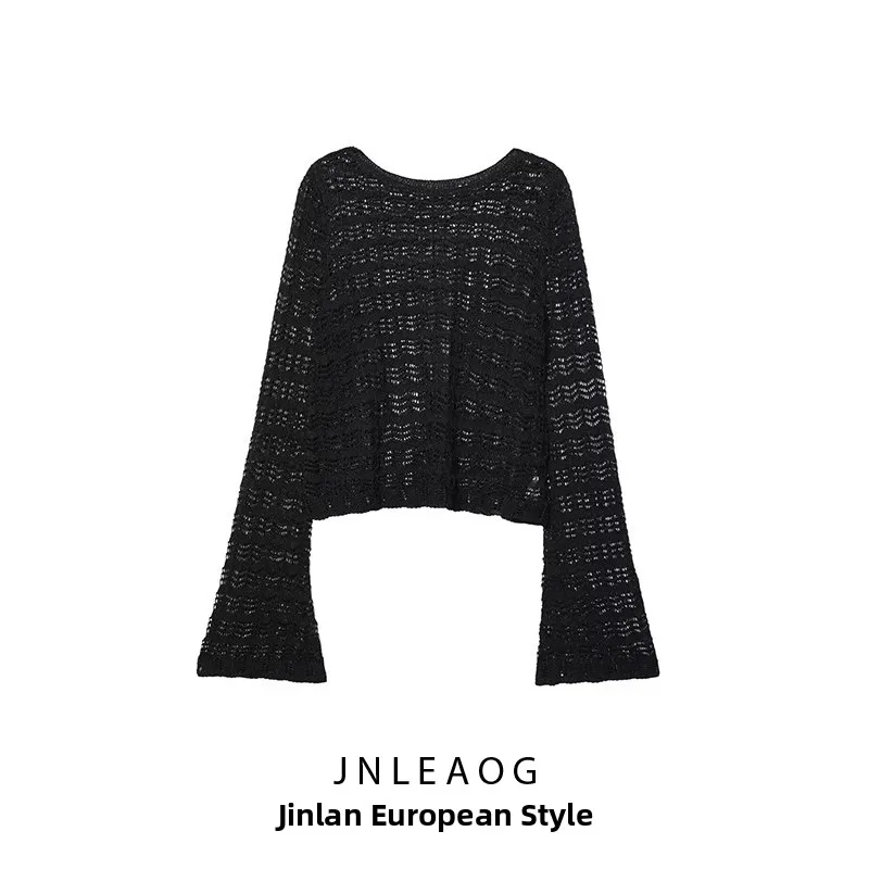 JNLEAOG Autumn New Women's Knitted ort Top Eyelet Me Knitwear Casual Loose Fit Long Sve round Ne Pullover Polyester ...