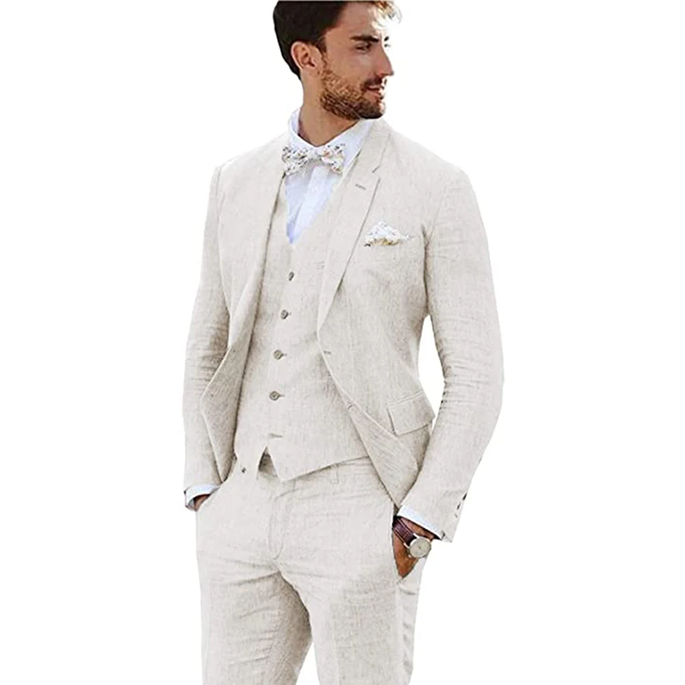 New Arrival Linen Party Business Casual Suit Groom Tuxedos Notched Lapel 3 Piece (Blazer + Vest + Pants)Slim Fit Costume Homme