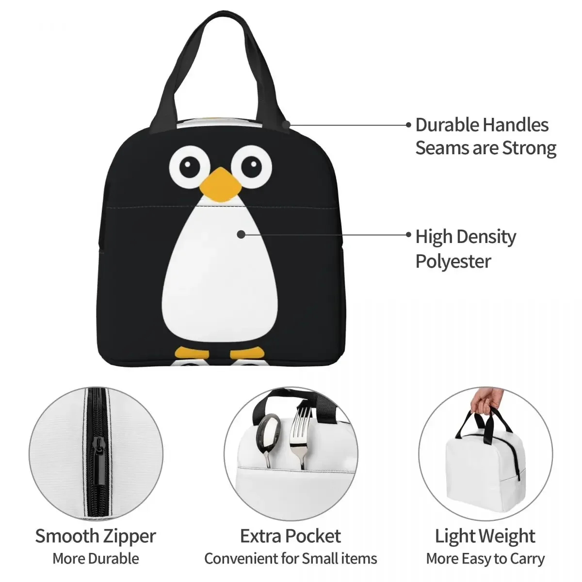 Cute Vector Penguin Insulated Lunch Bags Waterproof Picnic Bags Thermal Cooler Lunch Box Lunch Tote for Woman Work Kids School