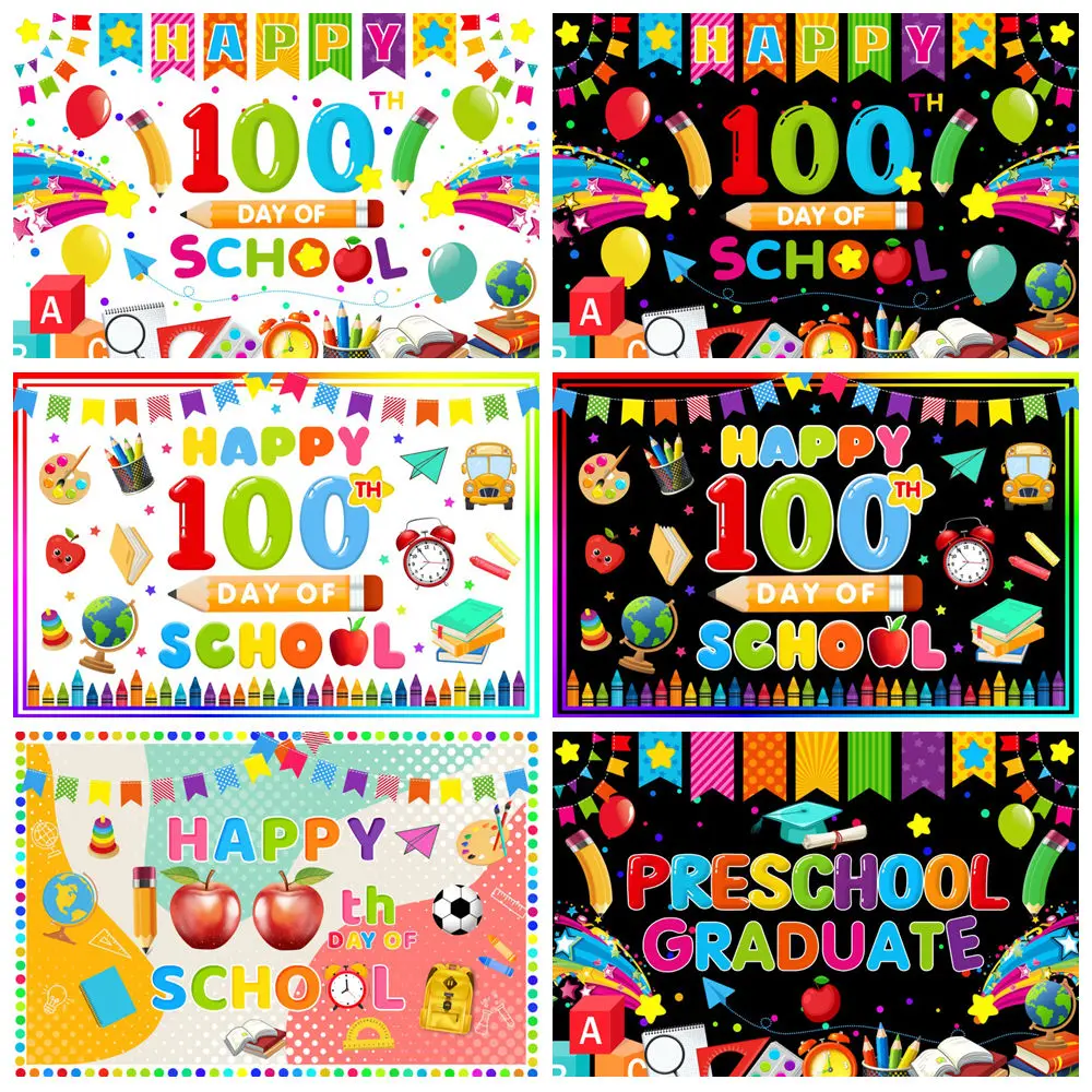 Happy 100th Day of Preschool Backdrop Pencil Balloon Kindergarten Start of School Classroom Party Kids Photography Background