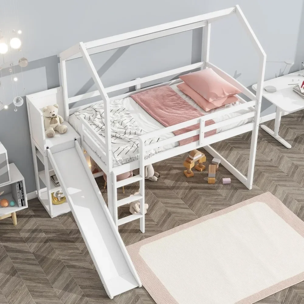 Twin Size House Loft Bed, Storage Shelves and Light, Climbing Ramp, Wooden Low Loftbed Frame, for Kids Boys Girls Beds